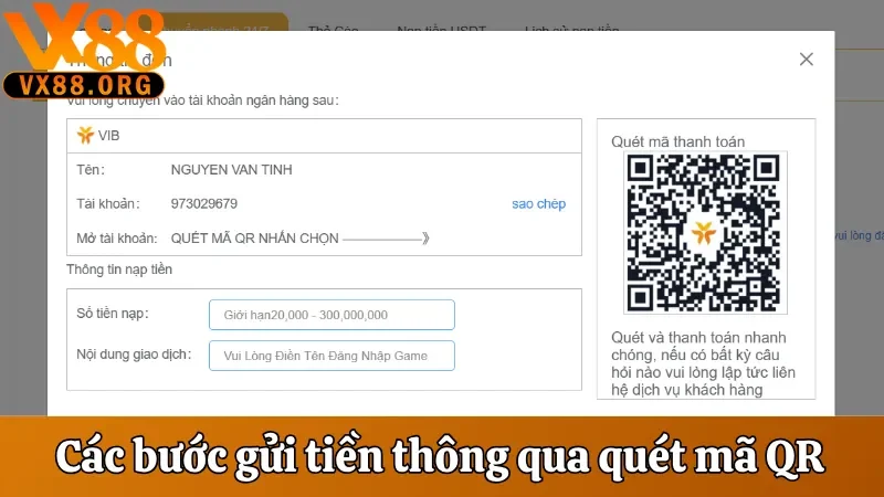 Nạp Tiền VX88 - Hỗ Trợ Hình Thức Gửi Vốn Đa Dạng, An Toàn 2 Chia sẻ các bước gửi tiền thông qua quét mã QR