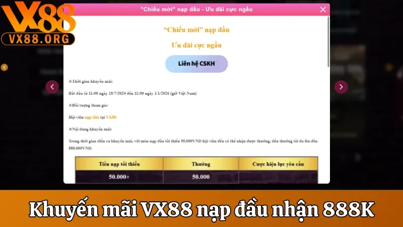 Khuyến Mãi VX88 - Điểm Danh Các Chương Trình Hot Năm 2025 1 Khuyến mãi VX88 nạp đầu nhận 888K